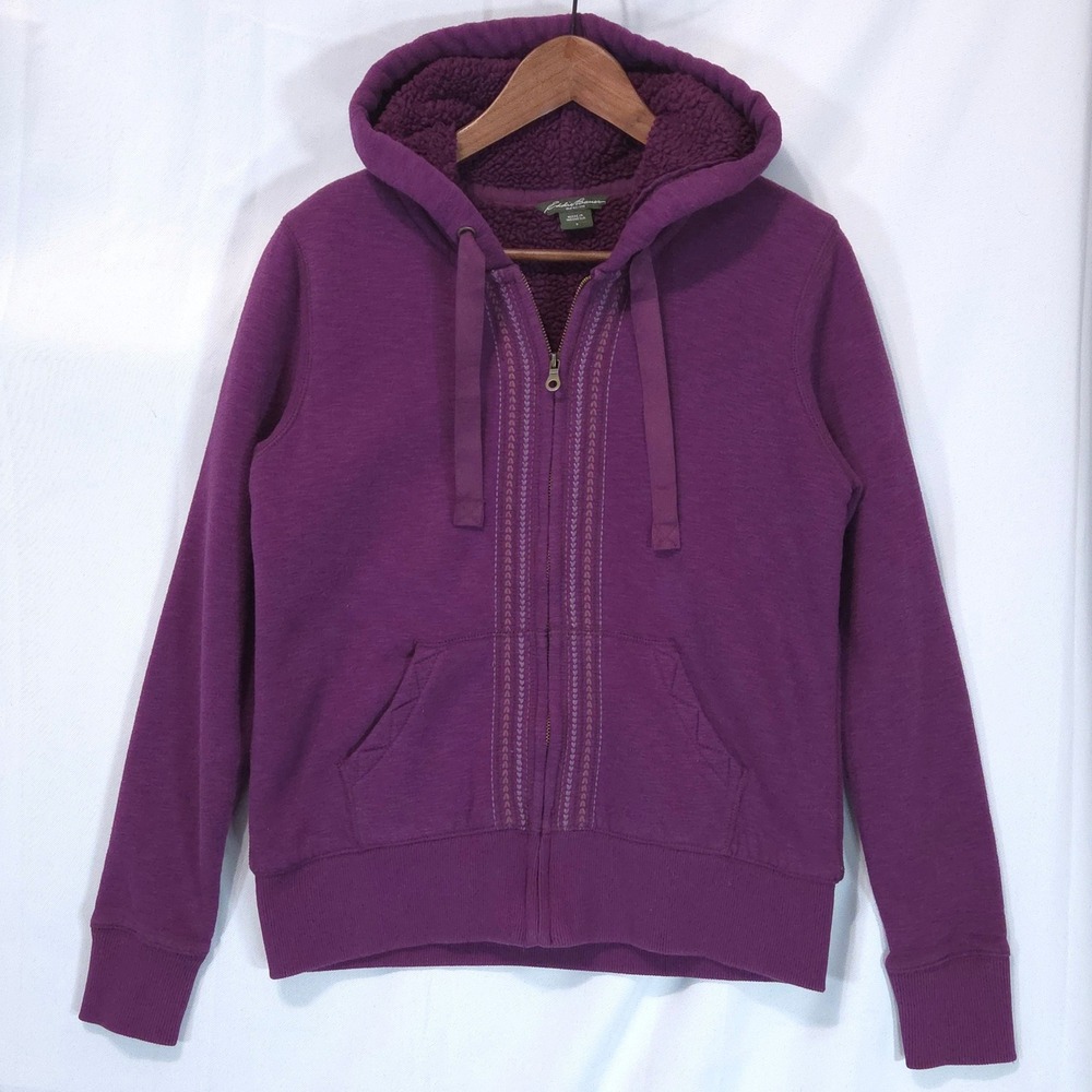 Eddie Bauer Sherpa Lined Hoodie Womens S Full Zip Purple Embroidered Comfy Warm